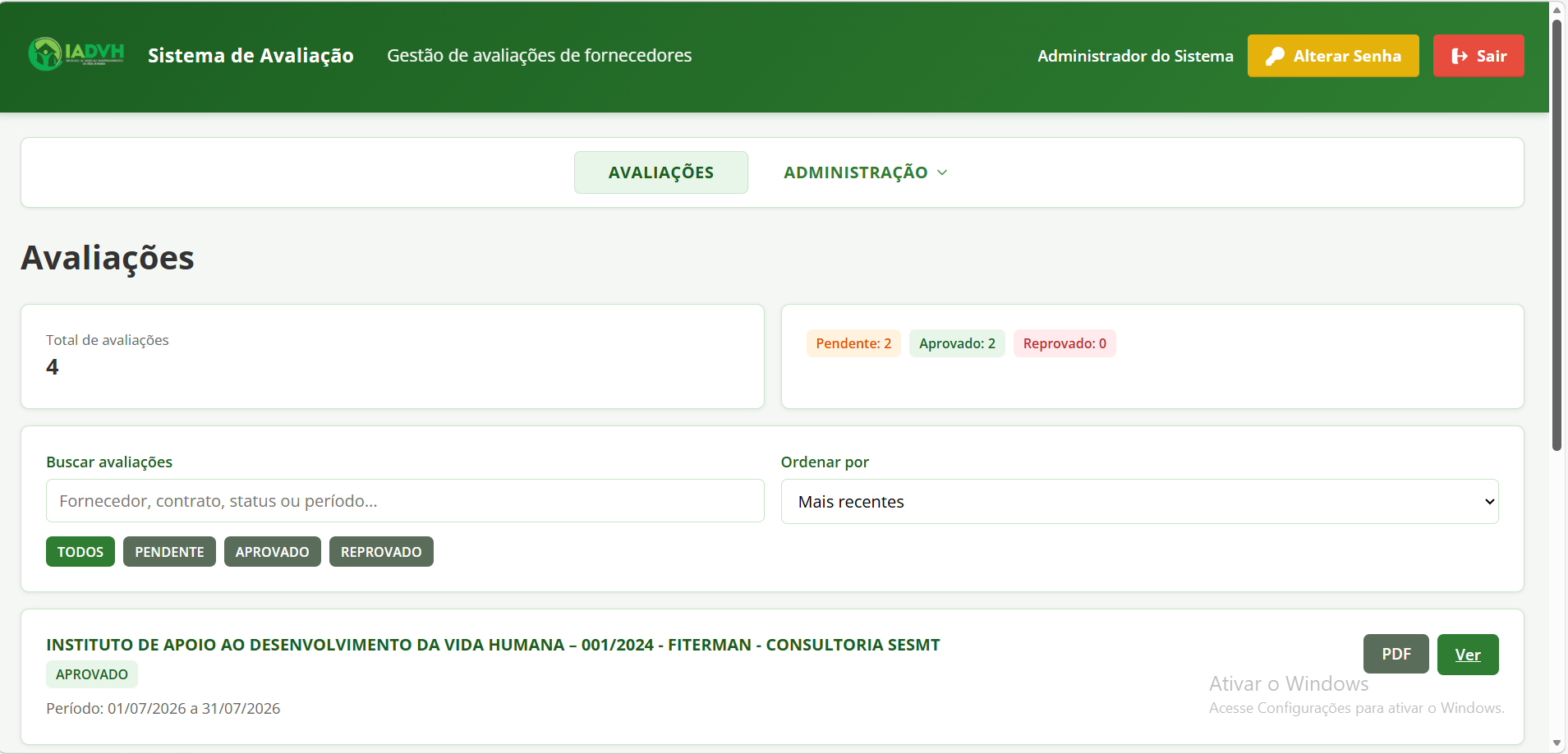 Plataforma de avaliação de fornecedores